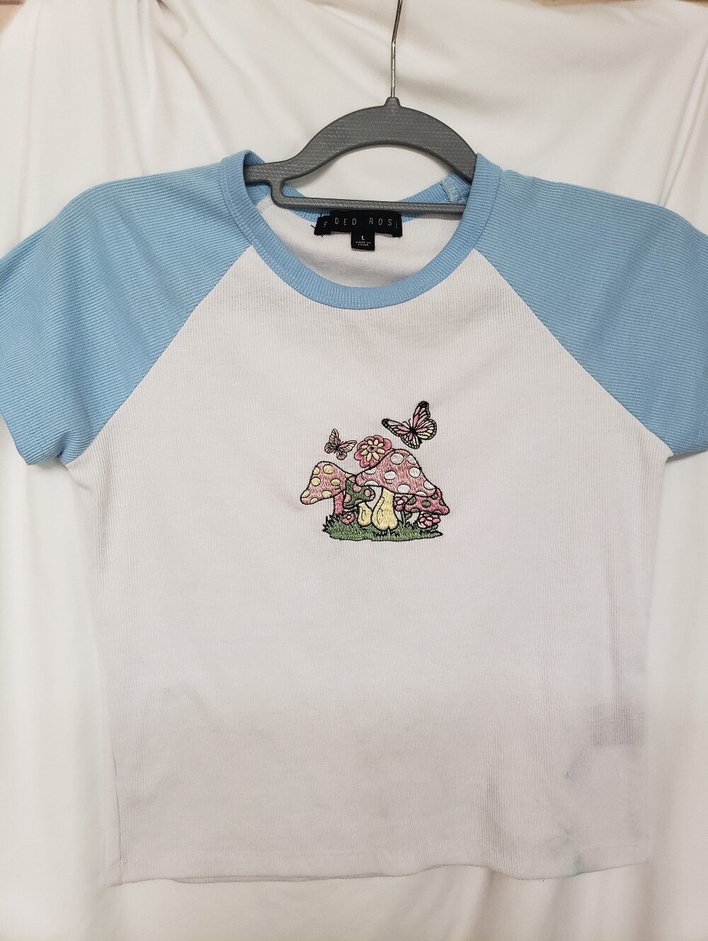 Embroidered Mushrooms/butterflies On A Raglan Baby Tee Pastel Blue/white L